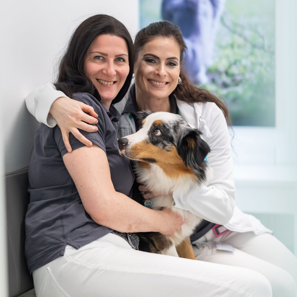 2 Mitarbeiter der Praxis umarmen sich und schmusen dabei mit einem Hund